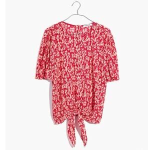 Madewell Crinkled Button Back Tie Tee Full Bloom Retro Floral Cranberry - Size S